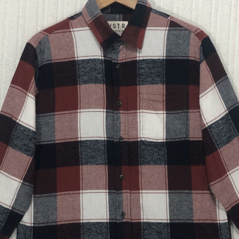 VSTR Premium Mens Flannel Shirt Medium Red Blue White Plaid Button Down Cotton
